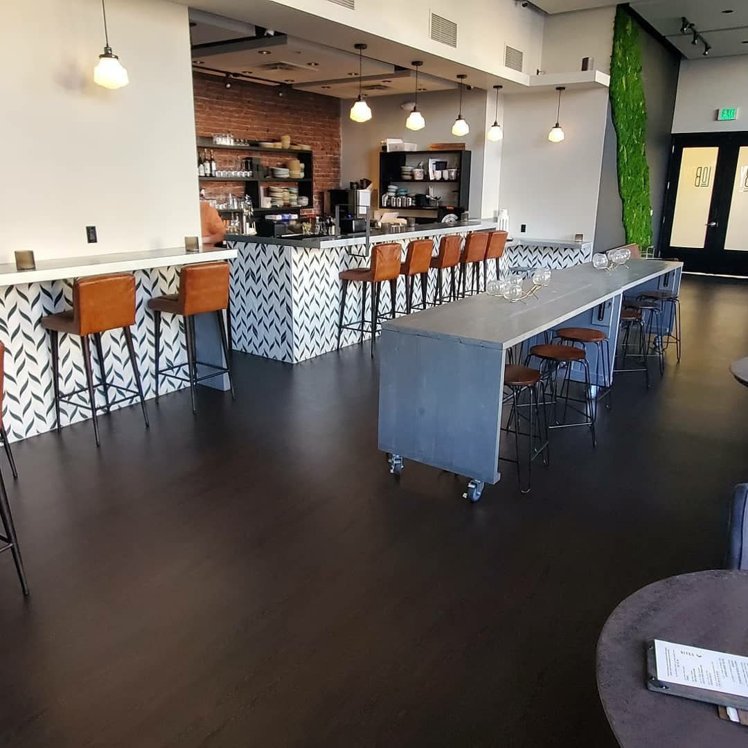 Tiled flooring and bar front in a commercial restaurant space